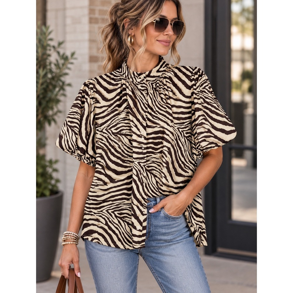 Entro Zebra Print Puff Sleeve puff Bow Blouse Brown Cream Womens Large